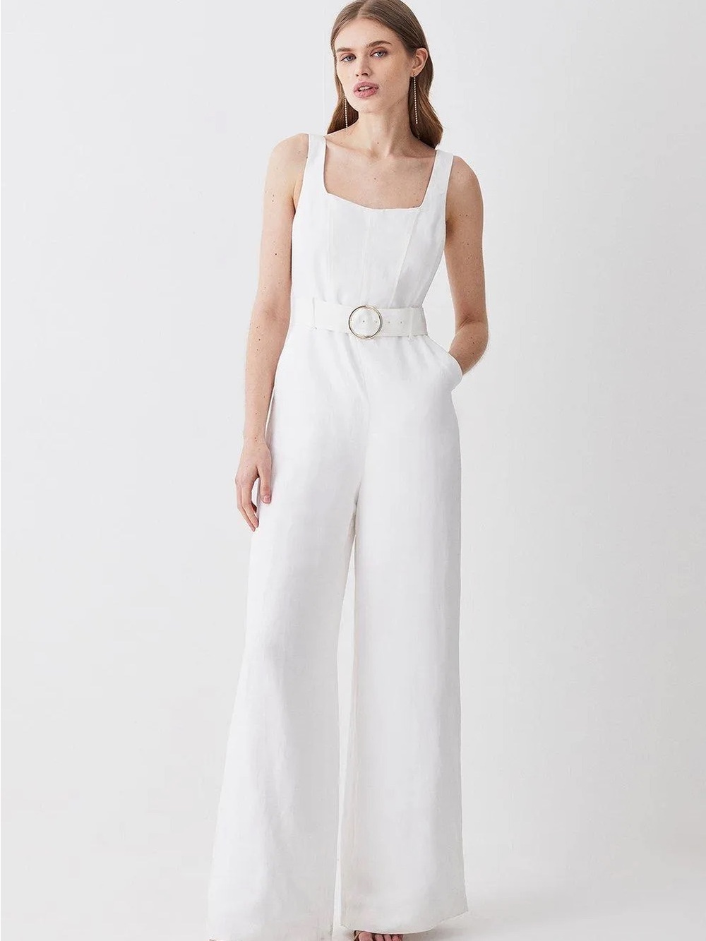 Karen Millen White Square-Neck Wide-Leg Jumpsuit with Belt